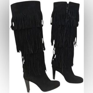 Stuart Weitzman Black Suede Fringe High Heel Boots Size 8 New in Box